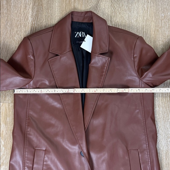Zara Faux Leather Longline Duster Blazer Top Coat Jacket Cognac Brown Medium - Picture 9 of 11